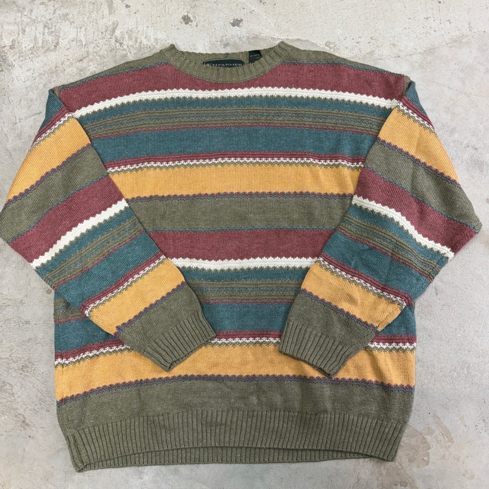 JJ Farmer Striped‎ Knit Sweater Mens L Green Burgundy Yellow Blue Cotton VTG